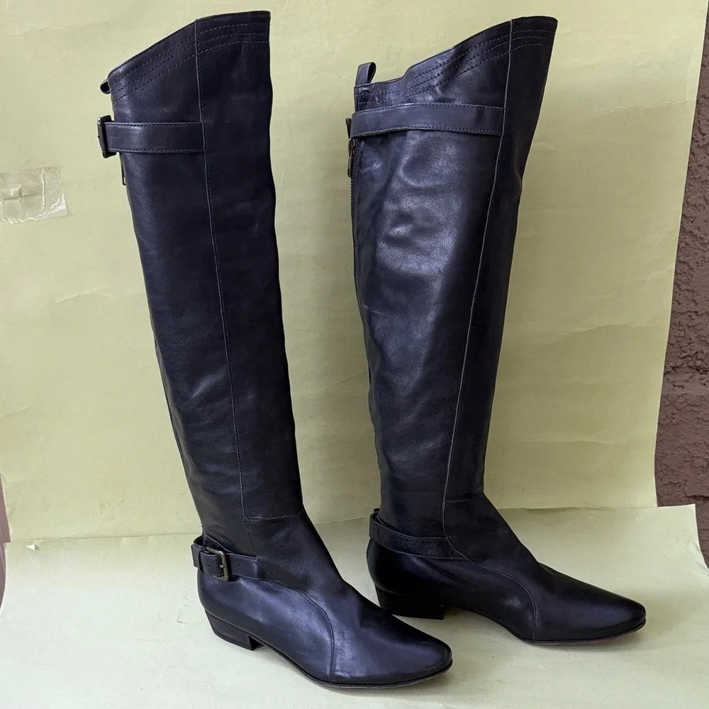 New Vintage Joie Black All Leather Over the Knee Boots with Buckles
